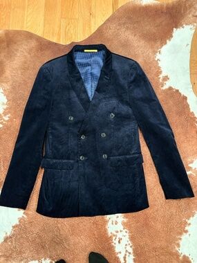 TOPMAN Blue Corduroy Double Breasted Blazer Sz 36 Mod 70s Vintage Style